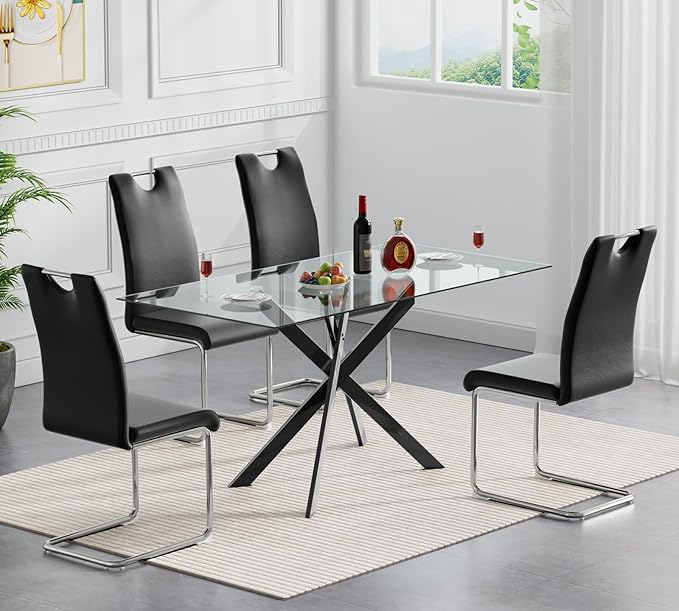 Henf 51in Glass Dining Table for 4 or 6, Rectangle Kitchen Table with X Shape Metal Legs, Tempered Glass Top Dining Room Table for 4