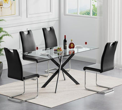 Henf 51in Glass Dining Table for 4 or 6, Rectangle Kitchen Table with X Shape Metal Legs, Tempered Glass Top Dining Room Table for 4