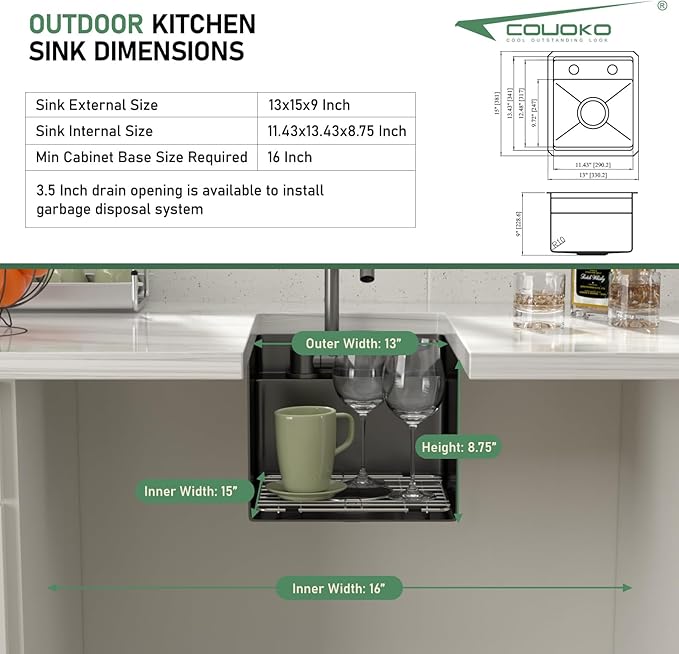 13x15 Outdoor Kitchen Sink Black Concealed Undermount RV Sink Gunmetal Black NANO PVD Stainless Steel Handmade Ledge Workstation Single Bowl Outdoor Sinks with Concealed Folding Faucet,13"x15"x9"