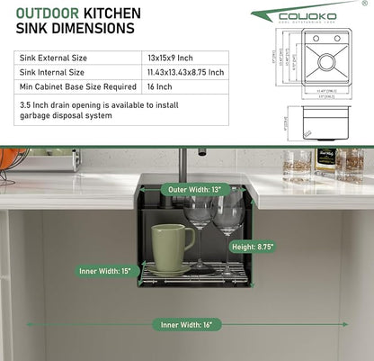 13x15 Outdoor Kitchen Sink Black Concealed Undermount RV Sink Gunmetal Black NANO PVD Stainless Steel Handmade Ledge Workstation Single Bowl Outdoor Sinks with Concealed Folding Faucet,13"x15"x9"