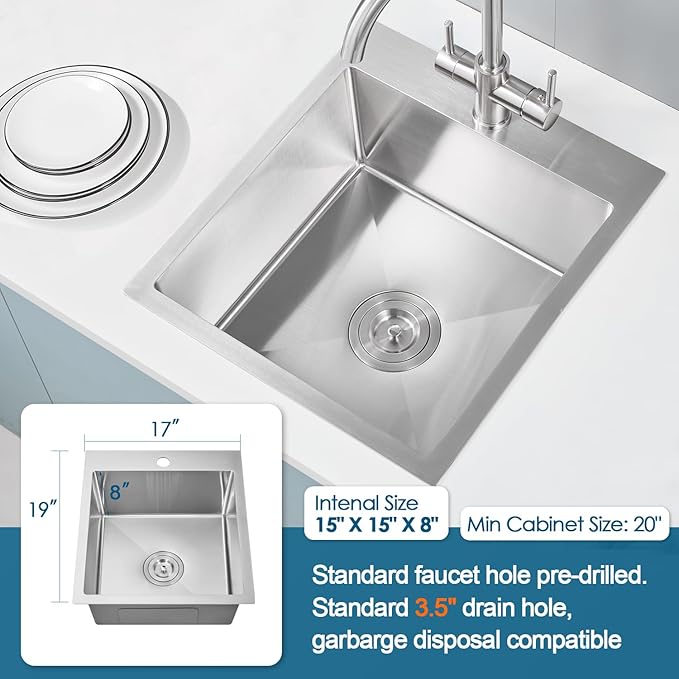 ROVOGO 17"x19"x8" Bar Sink Drop in, Top Mount Kitchen Sink Single Bowl 304 Stainless Steel, Small Wet Bar Prep Sink with 1 Hole, Brushed