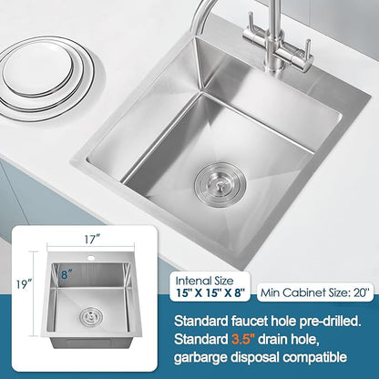 ROVOGO 17"x19"x8" Bar Sink Drop in, Top Mount Kitchen Sink Single Bowl 304 Stainless Steel, Small Wet Bar Prep Sink with 1 Hole, Brushed