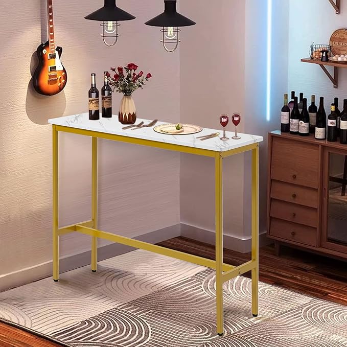 44.5" Bar Table, Pub Table with Adjustable Feet Floor Protector, Narrow Rectangular Kitchen Counter Bar Tables, Sofa High Top Bar Tables with Gold Metal Legs, White