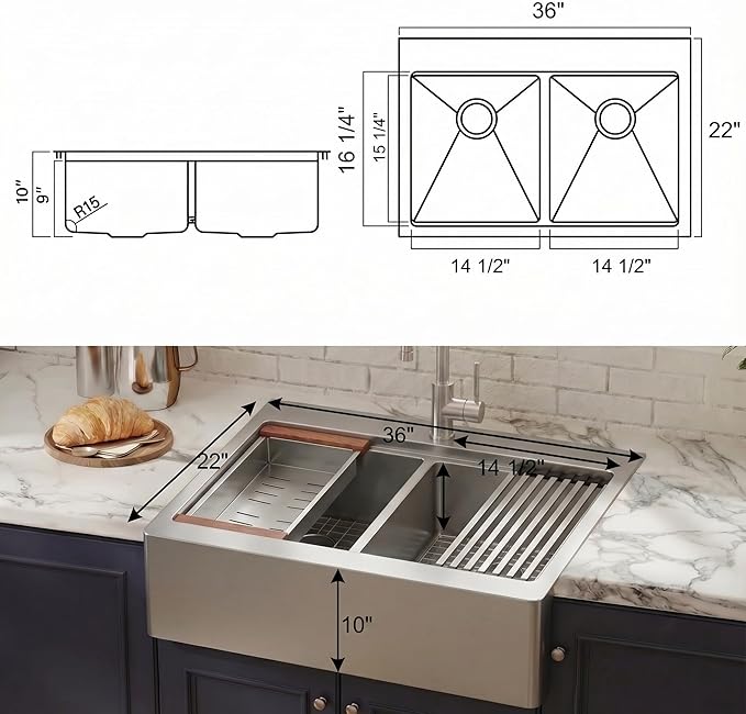 LQS Double Bowl Kitchen Sink, Undermount/Drop In Kitchen Sink, Double Bowl Stainless Steel Kitchen Sinks, 16 Gauge Stainless Steel Handmade Sinks (Stainless Steel, 36" x 22" x 10")