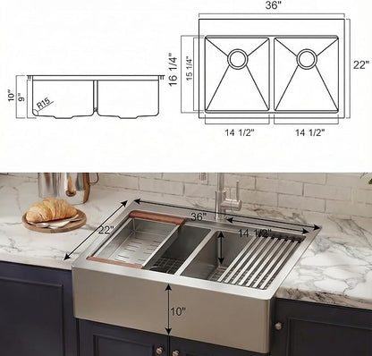 LQS Double Bowl Kitchen Sink, Undermount/Drop In Kitchen Sink, Double Bowl Stainless Steel Kitchen Sinks, 16 Gauge Stainless Steel Handmade Sinks (Stainless Steel, 36" x 22" x 10")