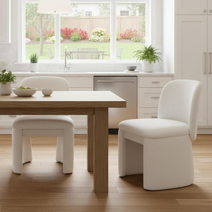 Hyfirm Modern Upholstered Dining Chairs Set of 2, Curved Back Chenille Dining Chairs Armless Kitchen Chairs for Kitchen Dining Room, White