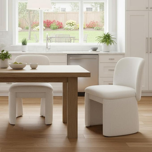 Hyfirm Modern Upholstered Dining Chairs Set of 2, Curved Back Chenille Dining Chairs Armless Kitchen Chairs for Kitchen Dining Room, White