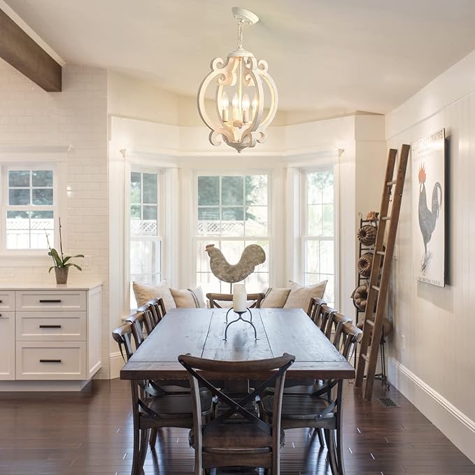 ALISADABOY Dining Room Chandelier Farmhouse Rustic White Wood Light Fixture Antique Orb Pendant Lighting for Kitchen Island Living Room Bedroom Entryway Foyer Staircase, 4 Light