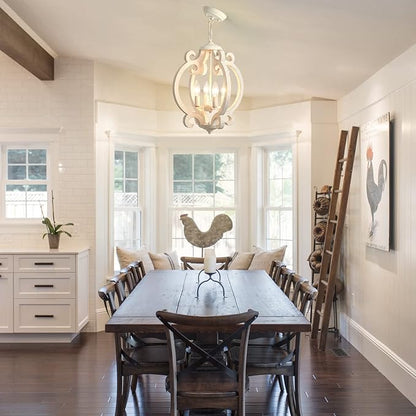 ALISADABOY Dining Room Chandelier Farmhouse Rustic White Wood Light Fixture Antique Orb Pendant Lighting for Kitchen Island Living Room Bedroom Entryway Foyer Staircase, 4 Light