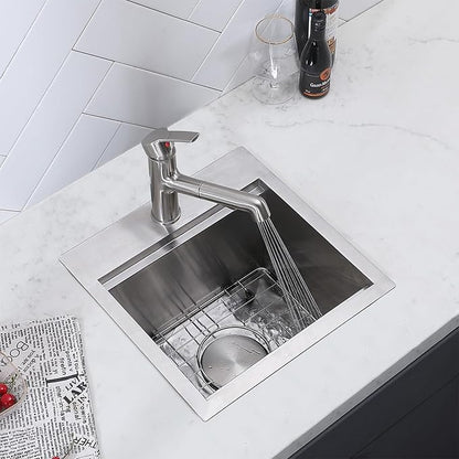 Friho Drop In Bar Sink, 15 x 15 Inch Wet Bar Sink 16 Gauge Stainless Steel 9 Inch Deep Single Bowl Outdoor Rv Sink with Dish Grid and Cutting Board