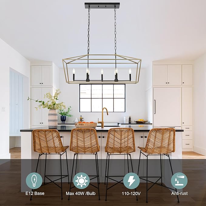 7-Light Farmhouse Lantern Island Chandelier, Black and Gold Rectangular Kitchen Island Light Fixture, Modern Dining Room Hanging Ceiling Light Over Table, E12 Candle Base