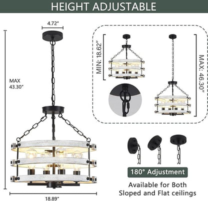 Luupyia Rustic Farmhouse Chandelier, 18.89 Inches White Drum Farmhouse Foyer Chandeliers Island Light, Rustic Vintage Pendant Light Fixture for Dining Room Entryway 4Lights E26