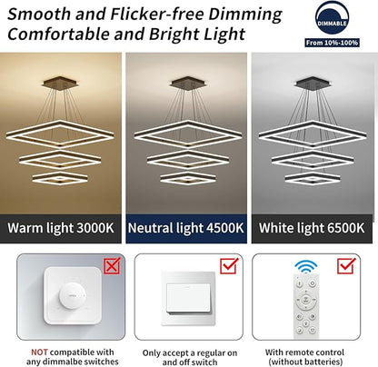 Modern Pendant Light Fixture, 3 Layer Square Black LED Chandelier for Dining Room Table, Dimmable 3000K-6500K, Adjustable Height Kitchen Island Ceiling Hanging Lighting for Living Room Bedroom