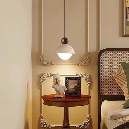Japanese Wabi sabi Pendant Light with Natural Stone Shade, Dimmable Modern Wood Hanging Lamp Fixture, Adjustable Height Pendant Lamp for Bedroom, Kitchen Island, Dining Room, Restaurant, Cafe, Bar (I)