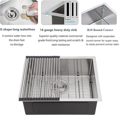 Lordear Bar Sink Undermount 21 inch Bar Prep Kitchen Sink 16 Gauge Stainless Steel Single Bowl Kitchen Sink Basin 21" x 18" Handmade