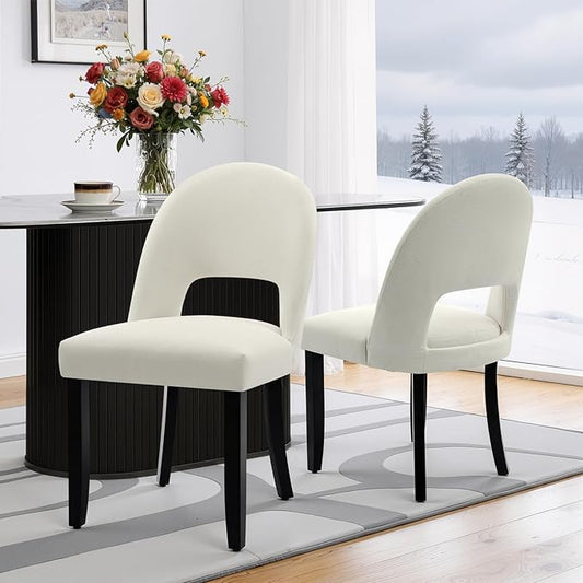 Upholstered Dining Chairs Set of 2, Modern Farmhouse Wooden Kitchen Chairs with Solid Wood Legs & Linen Fabric Backrest, Cream White