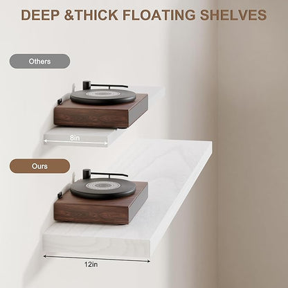 60x12 Inch Floating Shelves for Wall, Set of 2 Solid Wood Wall Shelves, Extra Long Heavy Duty Wall Mount Shelf for Living Room & Kitchen, Large White Floating Shelves