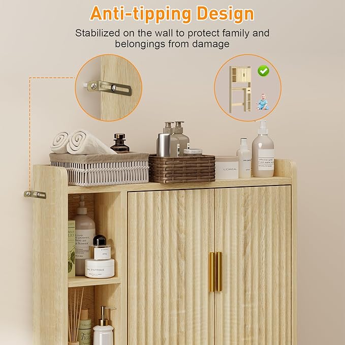knoworld Fluted Over The Toilet Storage Cabinet, Above Toilet Bathroom Organizer with Toilet Paper Holder, Modern Behind Toilet Cabinet, Space Saver for Restroom, Bathroom, Laundry, Natural Oak