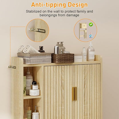 knoworld Fluted Over The Toilet Storage Cabinet, Above Toilet Bathroom Organizer with Toilet Paper Holder, Modern Behind Toilet Cabinet, Space Saver for Restroom, Bathroom, Laundry, Natural Oak