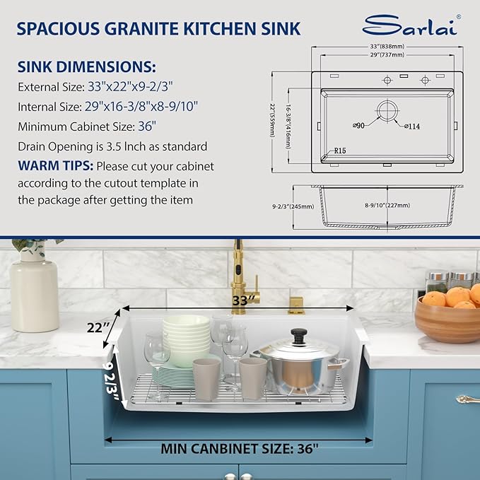 Sarlai 33 Granite Composite Kitchen Sink - 33 x22 Inch Granite Drop In Kitchen Sink Topmount Ledge Workstation White Sinks Quartz Classic Above Counter Single Bowl Basin With Accessories