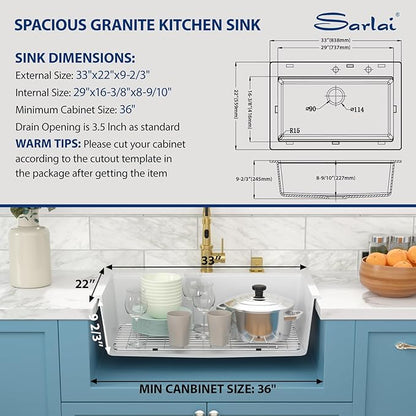 Sarlai 33 Granite Composite Kitchen Sink - 33 x22 Inch Granite Drop In Kitchen Sink Topmount Ledge Workstation White Sinks Quartz Classic Above Counter Single Bowl Basin With Accessories