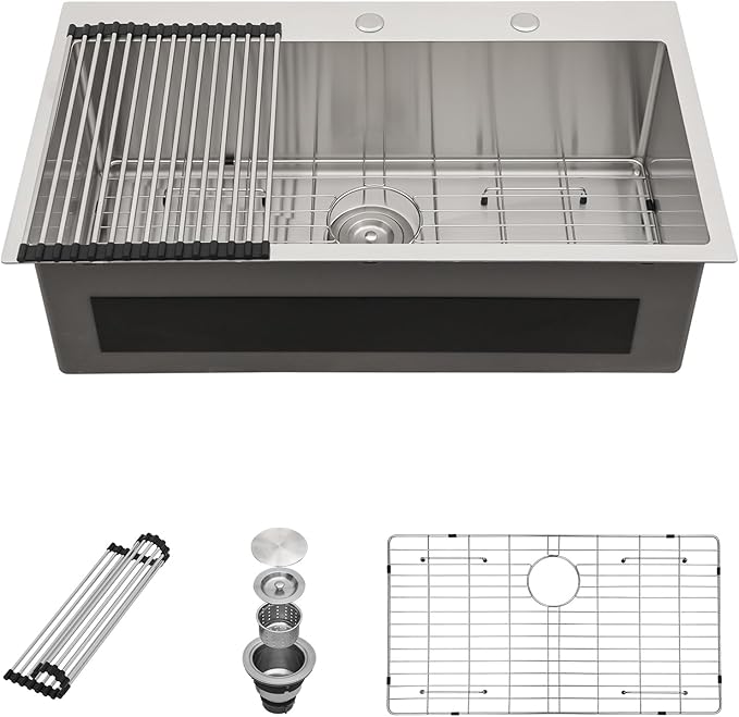 Sarlai 33 Inch Drop In Kitchen Sink - 33x19 Inch Kitchen Sink Drop In Stainless Steel Topmount Sink 16 Gauge Single Bowl Deep Top Mount Kitchen Sinks Basin