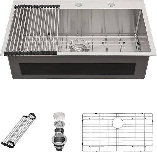 Sarlai 33 Inch Drop In Kitchen Sink - 33x19 Inch Kitchen Sink Drop In Stainless Steel Topmount Sink 16 Gauge Single Bowl Deep Top Mount Kitchen Sinks Basin
