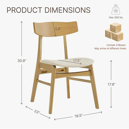 KISLOT Wooden Dining Chairs Set of 6, Upholstered Modern Dining Room Chairs, Mid Century Oak Kitchen Chairs with Curved Wood Backrest for Kitchen, Restaurant, Farmhouse (Cream Fabric & Original Color)