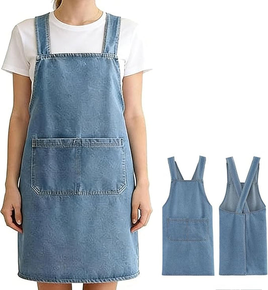 Adult Jour Apron, Lightweight Cotton Apron with Front Pocket, Denim Cross Back Aprons, Durable & Stain-Resistant