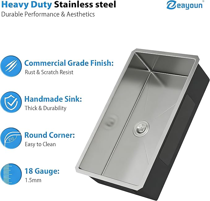 30 Inch Undermount Kitchen Sink 16 Gague Stainless Steel Handmade Single Bowl Sink Large Deep Under Counter Sinks, 30"x18"x9"