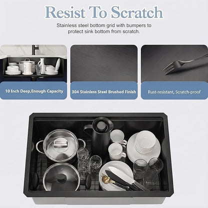 Black Undermount Kitchen Sink,16 Gauge T-304S Stainless Steel Workstation Sinks with Accessories, 23"x 18" X 10" Deep Kitchen Sink can hold Large Pot