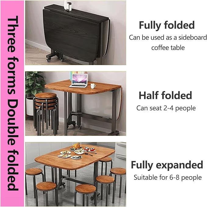 Multifunction Movable Folding Wood Kitchen Dining Table, 39in/47in Multifunction Expandable Folding Table for Small Spaces Kitchen, Bedroom, Living Room, Carbon Steel Pipe Bracket, Brown, White, black