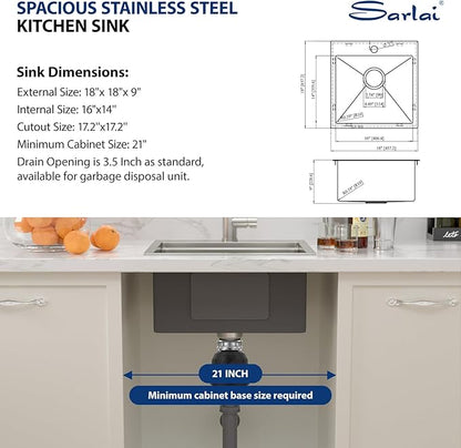 Sarlai Drop Bar Sink - 18 Inch Outdoor Kitchen Sink with Pull-out Faucet Drop In Workstation 18 x 18 Topmount Stainless Steel 16 Gauge Single Bowl Bar Prep RV Outdoor Sinks Basin
