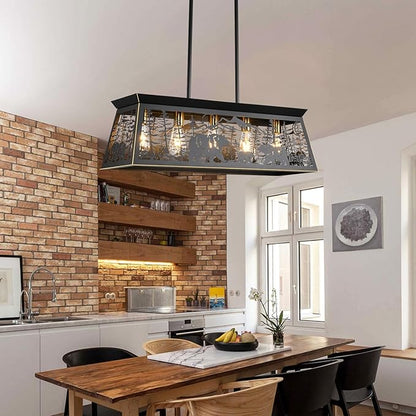 Farmhouse Rustic Dining Room Light Fixture with Bear Design, Black Kitchen Island Lighting, Black Rectangle Chandeliers，Rustic Chandelier for Dining Room Kitchen Island (32-Inch 5-Light)