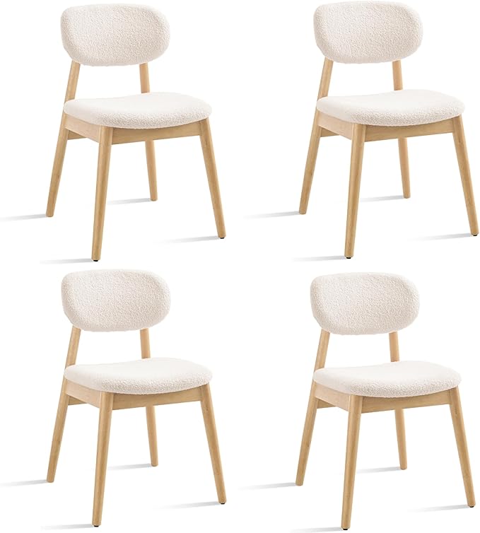Wooden Dining Chairs Set of 4, Farmhouse Boucle Upholstered Kitchen Chairs, Step-By-Step Video Guide for Assembly, Cream