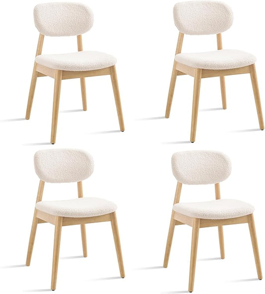 Wooden Dining Chairs Set of 4, Farmhouse Boucle Upholstered Kitchen Chairs, Step-By-Step Video Guide for Assembly, Cream