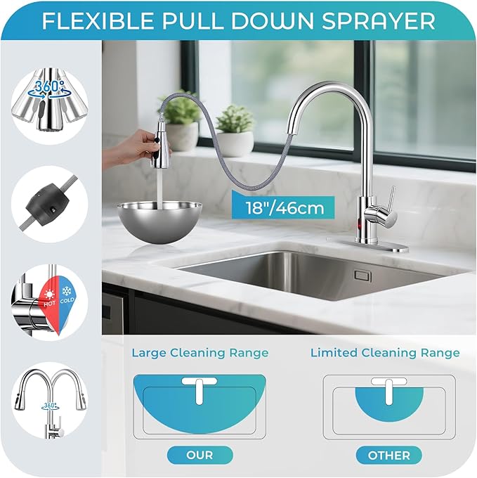 Touchless Kitchen Faucet with Pull Down Sprayer - Polished Chrome Single Handle Kitchen Faucets, High Arc Stainless Steel Pull Out Kitchen Sink Faucet with Deck for RV Laundry Farmhouse Bar
