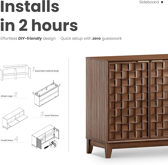 MALOL Sideboard Buffet Cabinet with Storage, Modern 4-Door Buffet Table with 3D Checkerboard Doors & Solid Wood Legs, Large Coffee Bar Cabinet for Dining Room, Living Room, Entryway, Walnut