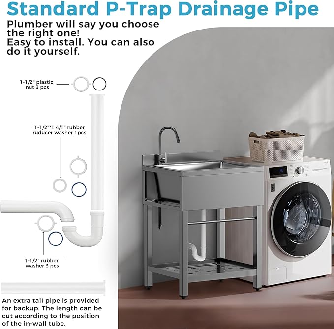 Stainless Steel Utility Sink, 25 Inch Single Bowl Kitchen Sink with Cold Hot Water Pipe Standard P-trap Drainge for Laundry Room Pet Care Farmhouse