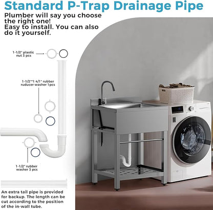 Stainless Steel Utility Sink, 25 Inch Single Bowl Kitchen Sink with Cold Hot Water Pipe Standard P-trap Drainge for Laundry Room Pet Care Farmhouse