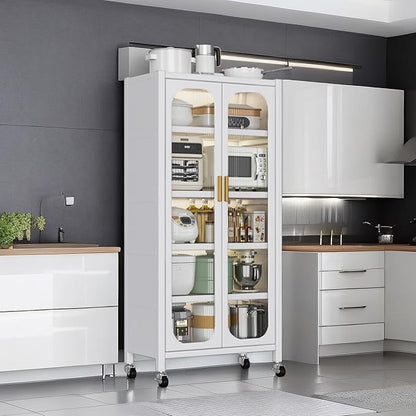 Runboll Kitchen Pantry Storage Cabinet, 6 Tier Metal Sideboard with Wheels and Acrylic Glass Door, Modern Display Curio Cabinet Bookcase White
