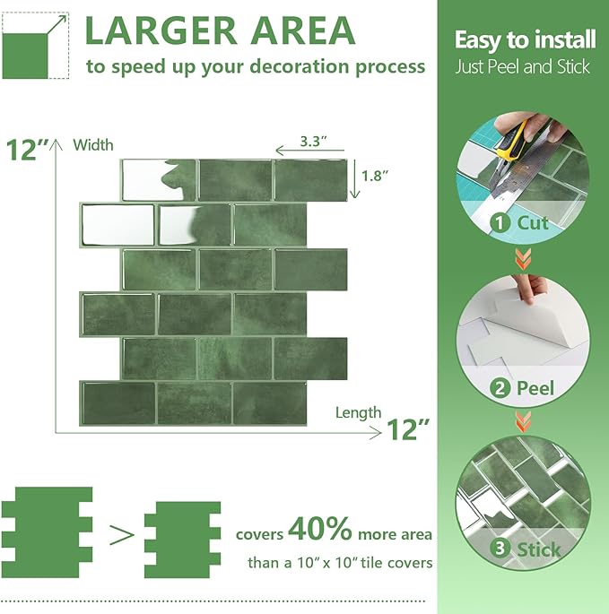 STICKGOO Peel and Stick Backsplash Subway Tiles, 10 Sheets of 12" x 12" - 3D Adhesive Peel and Stick Tile Backsplash for Kitchen, Bathroom, Wall Tile (Thicker Design, Forest Green)