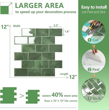 STICKGOO Peel and Stick Backsplash Subway Tiles, 10 Sheets of 12" x 12" - 3D Adhesive Peel and Stick Tile Backsplash for Kitchen, Bathroom, Wall Tile (Thicker Design, Forest Green)