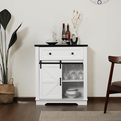 Buffet Cabinet with Storage, Farmhouse Coffee Bar Cabinet with Goblet Holder and Drawer, Sideboard with Barn Door for Kitchen, Dining Room, Living Room, White