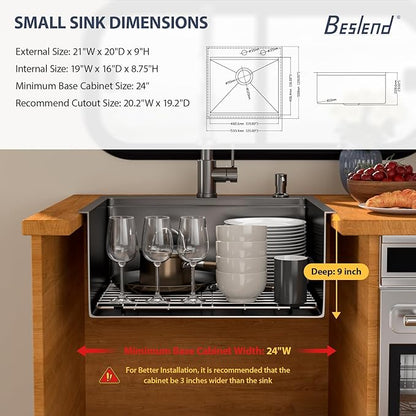 21 Inch Drop In RV Bar Sink - Beslend 21x20 Gunmetal Black Topmount Sink for RV Camper, Black Stainless Steel Wet Bar Workstation with Cutting Board, Roll-up Rack, Drain Assembly & Rinse Grid