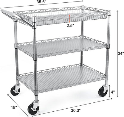 BolDuck Heavy Duty Utility Cart, 990Lbs Capacity 3 Tier Rolling Carts with Wheels, Kitchen Cart on Wheels with Storage, Commercial Grade Metal Serving Carts with Wire Shelving &Handle Bar, Silver