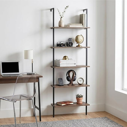 aboxoo Ladder Shelf 2PCS Open Bookshelf 5-Tier Wall-Mounted Wood Bookcase Rack Open Back Industrial Modern Plant Flower Stand Utility OrganizerMetal Frame Furniture Office Kitchen Bedroom (Brown)