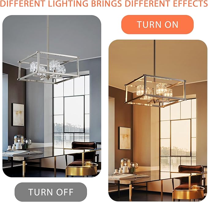 4-Light Farmhouse Chandelier for Dining Room, Modern Brushed Nickel Light Fixture,Pendant Light for Kitchen, Living Room, Hallway, Bedroom, Foyer, Stylish Home Décor