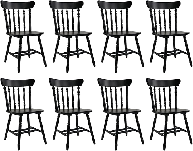 chairus Vintage Black Dining Chairs Set of 8, Farmhouse Windsor Wooden Dining Room Chairs with Turned Spindle Back & Legs, Traditional Colonial Armless Side Kitchen Chairs