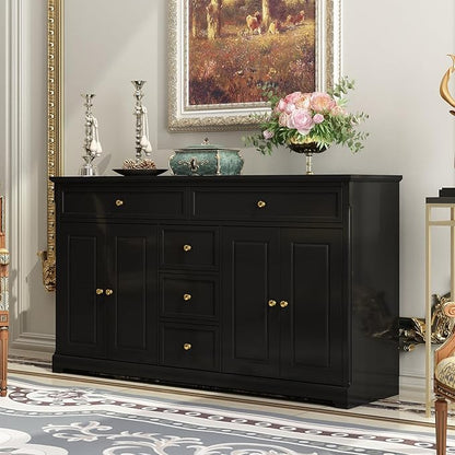 ECACAD Sideboard Buffet Cabinet with 4 Storage Compartments & 5 Drawers, Kitchen Console Table Storage Cabinet Coffee Bar for Living Room, Hallway, Black